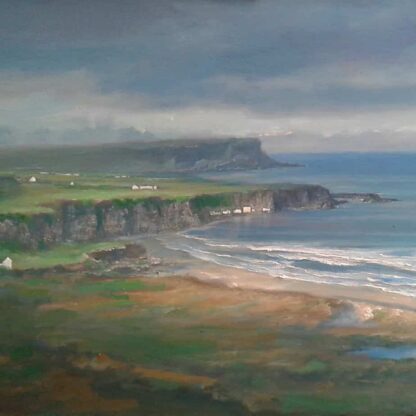 Irish seascape painting County Antrim - A painting of the early morning mist over the sea at Whitepark Bay in County Antrim, Northern Ireland